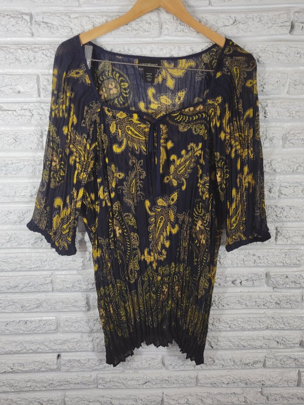 Lane Bryant Plus 26 28 Blue Yellow Paisley Sheer Tunic 3/4 Sleeve Keyhole PAI15E
